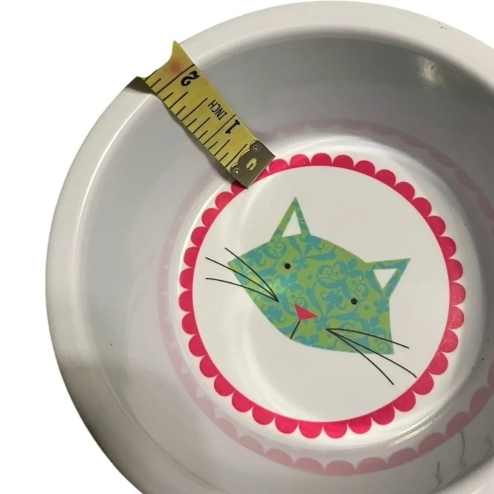 Cat food & water bowls melamine green blue pink cat face in bottom kitch phrase.